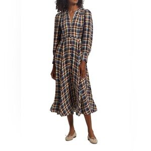 Doen Edlynne Balloon Sleeve Harlow Checked Woven Midi Shirt Dress, size M